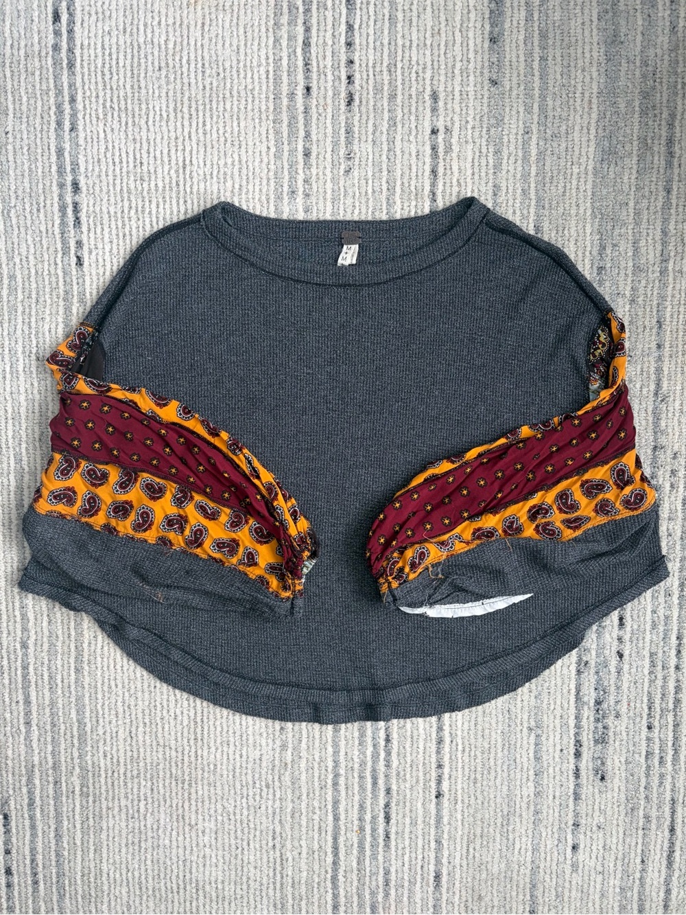 We The Free Charcoal Gray Crop Top with Mustard & Burgundy Paisley Trim Size M